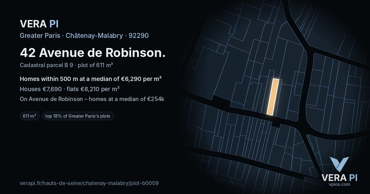 42 Avenue de Robinson, Châtenay-Malabry at night – the plot lit, the parcels around coloured by the prices near them