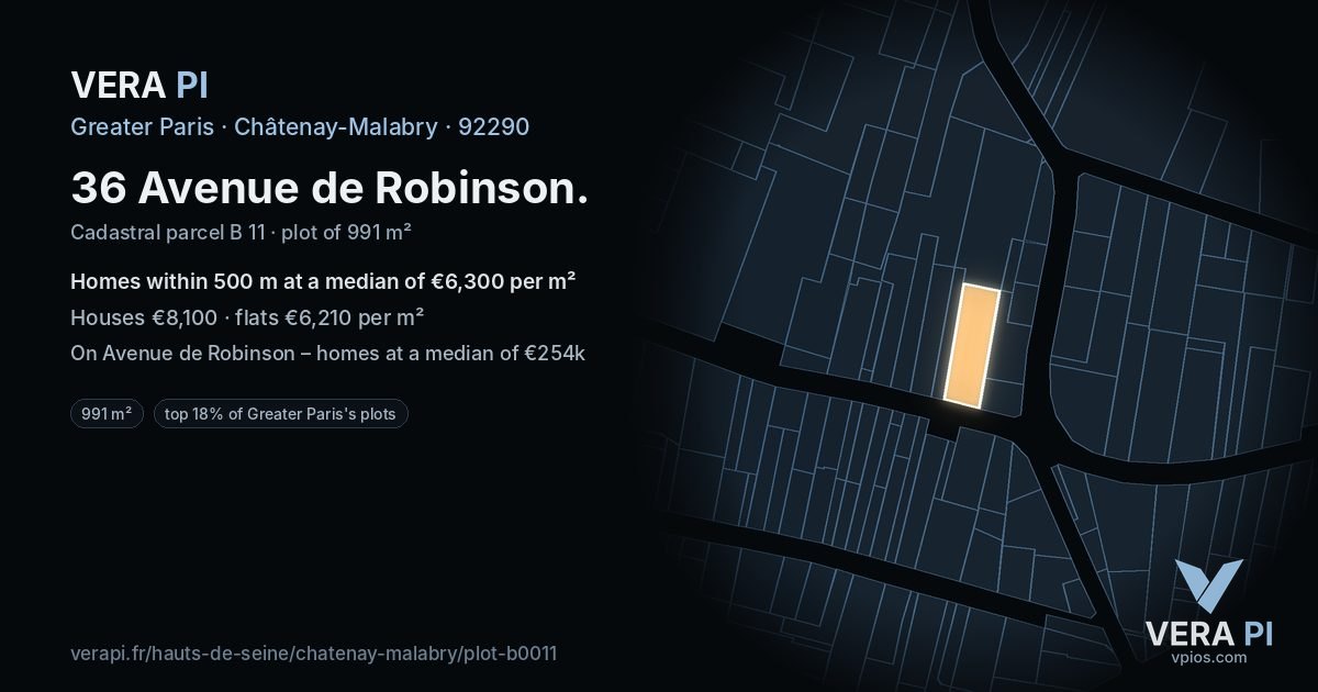 36 Avenue de Robinson, Châtenay-Malabry at night – the plot lit, the parcels around coloured by the prices near them