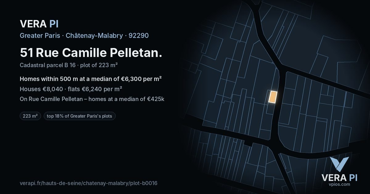 51 Rue Camille Pelletan, Châtenay-Malabry at night – the plot lit, the parcels around coloured by the prices near them