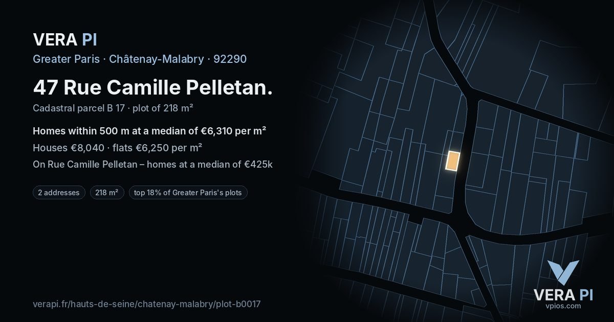 47 Rue Camille Pelletan, Châtenay-Malabry at night – the plot lit, the parcels around coloured by the prices near them