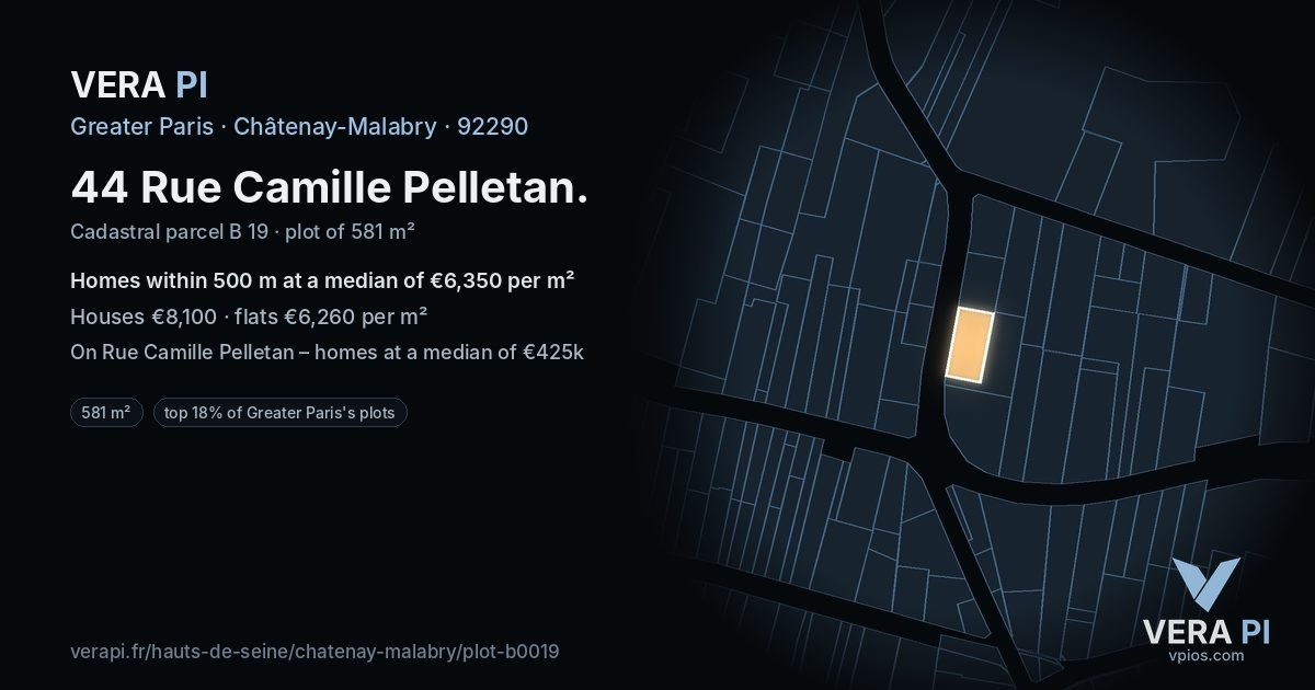 44 Rue Camille Pelletan, Châtenay-Malabry at night – the plot lit, the parcels around coloured by the prices near them