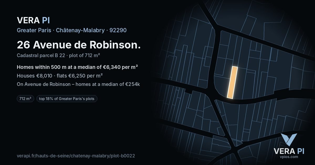 26 Avenue de Robinson, Châtenay-Malabry at night – the plot lit, the parcels around coloured by the prices near them