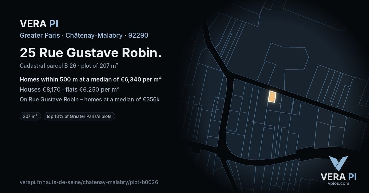 25 Rue Gustave Robin, Châtenay-Malabry at night – the plot lit, the parcels around coloured by the prices near them