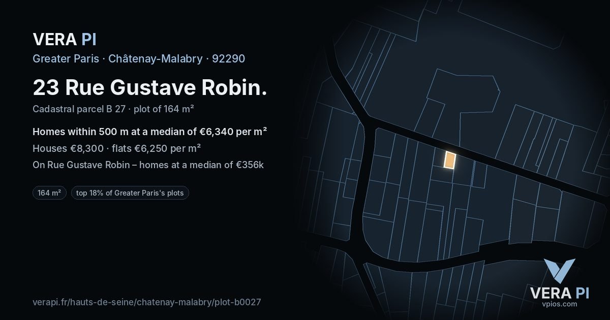 23 Rue Gustave Robin, Châtenay-Malabry at night – the plot lit, the parcels around coloured by the prices near them