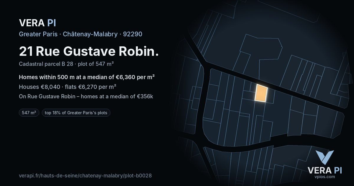 21 Rue Gustave Robin, Châtenay-Malabry at night – the plot lit, the parcels around coloured by the prices near them