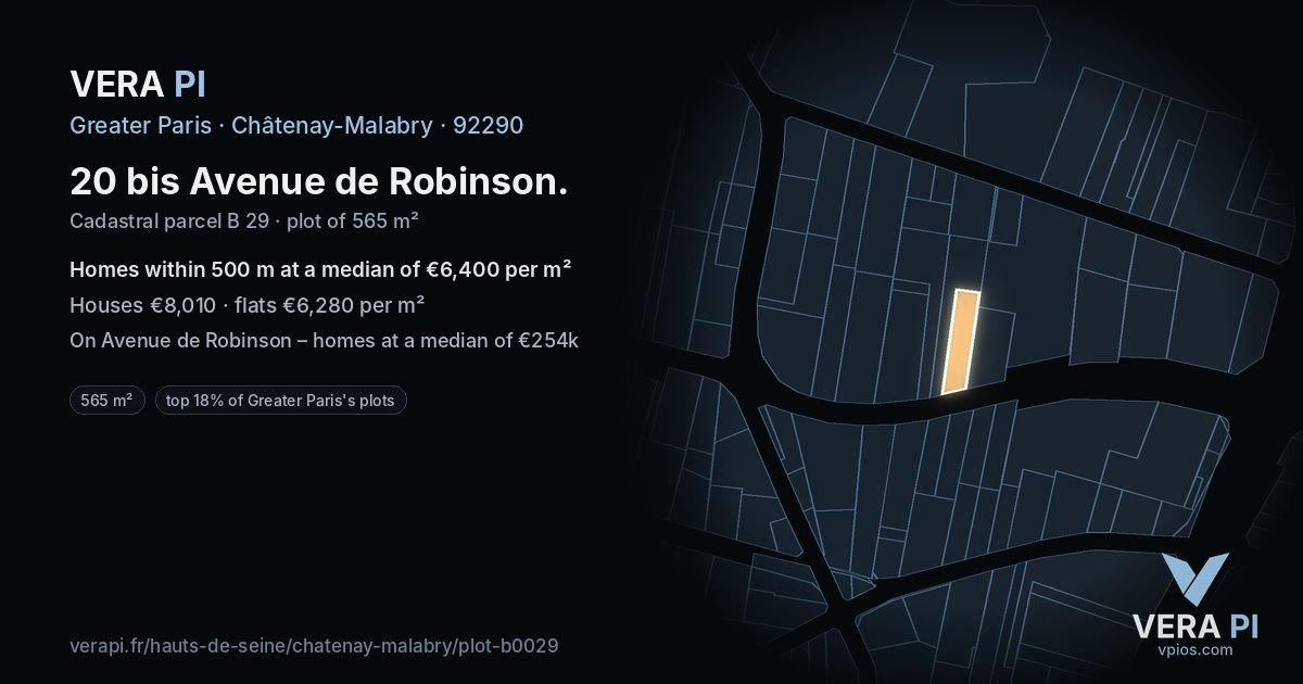 20 bis Avenue de Robinson, Châtenay-Malabry at night – the plot lit, the parcels around coloured by the prices near them