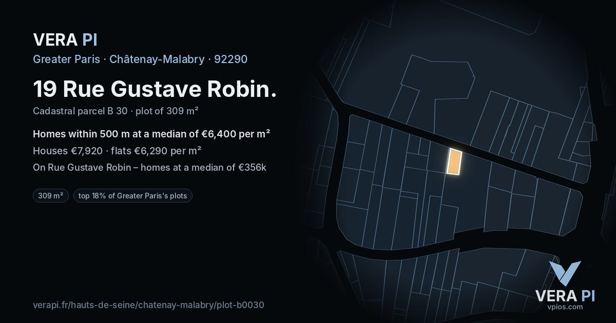 19 Rue Gustave Robin, Châtenay-Malabry at night – the plot lit, the parcels around coloured by the prices near them