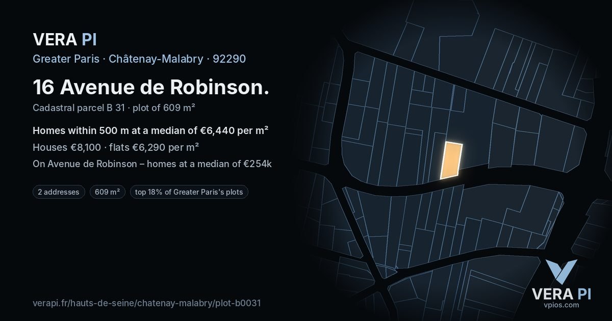 16 Avenue de Robinson, Châtenay-Malabry at night – the plot lit, the parcels around coloured by the prices near them
