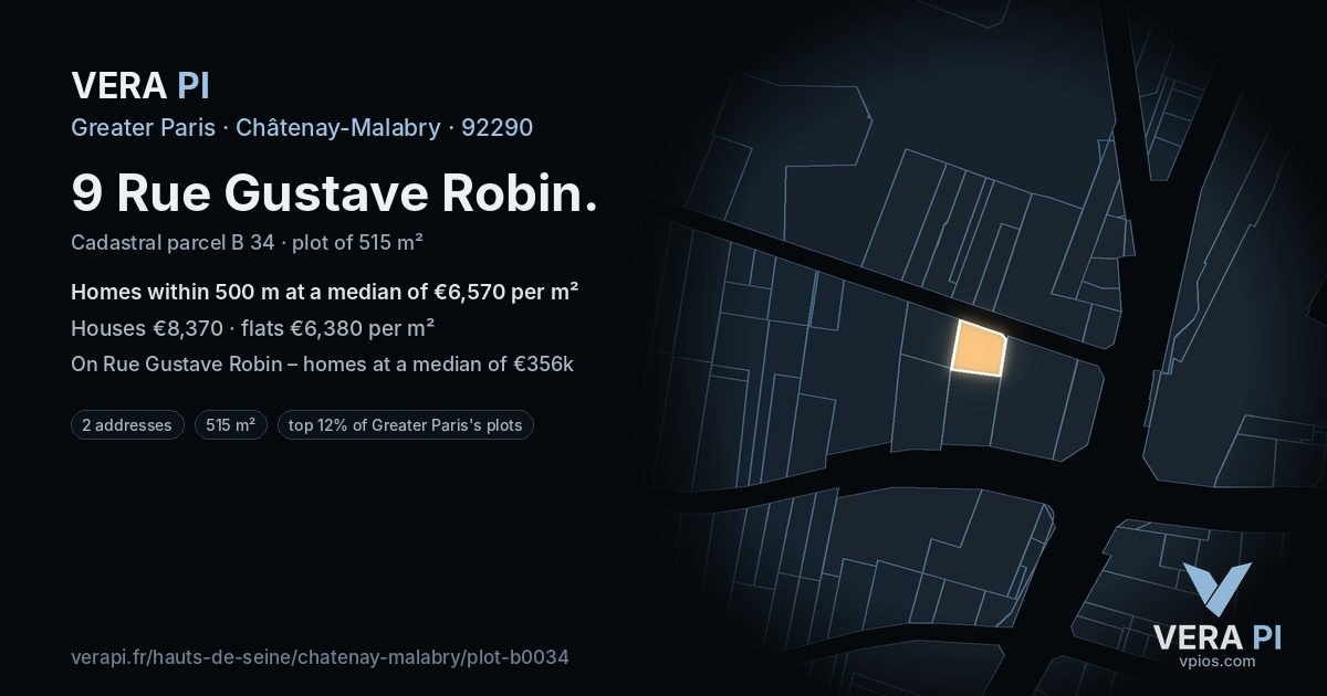 9 Rue Gustave Robin, Châtenay-Malabry at night – the plot lit, the parcels around coloured by the prices near them