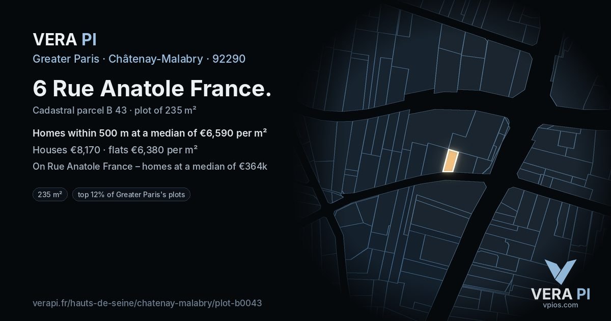 6 Rue Anatole France, Châtenay-Malabry at night – the plot lit, the parcels around coloured by the prices near them