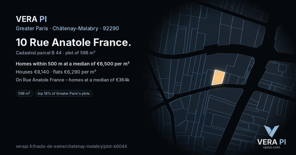 10 Rue Anatole France, Châtenay-Malabry at night – the plot lit, the parcels around coloured by the prices near them