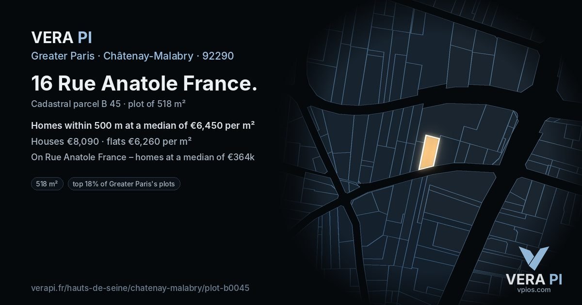16 Rue Anatole France, Châtenay-Malabry at night – the plot lit, the parcels around coloured by the prices near them