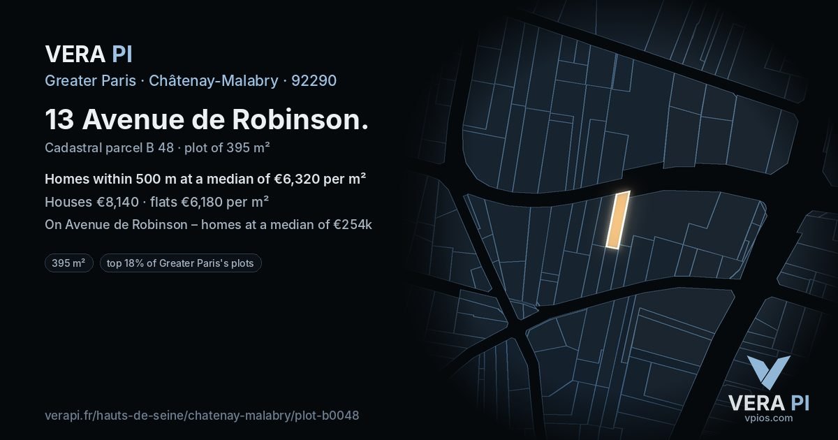 13 Avenue de Robinson, Châtenay-Malabry at night – the plot lit, the parcels around coloured by the prices near them