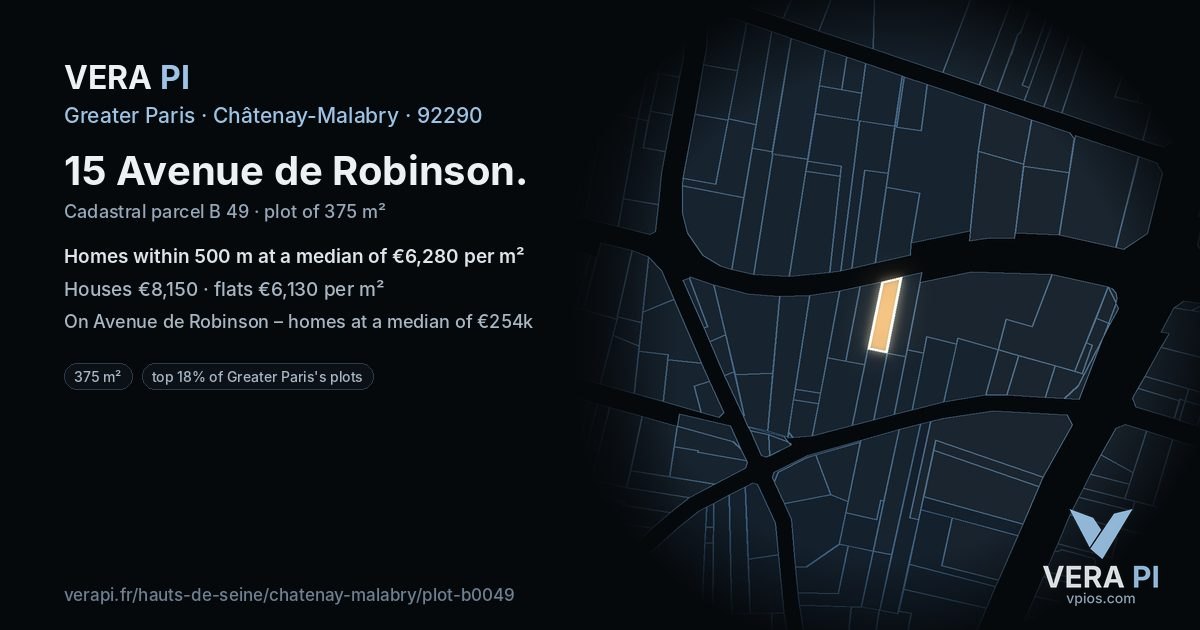 15 Avenue de Robinson, Châtenay-Malabry at night – the plot lit, the parcels around coloured by the prices near them