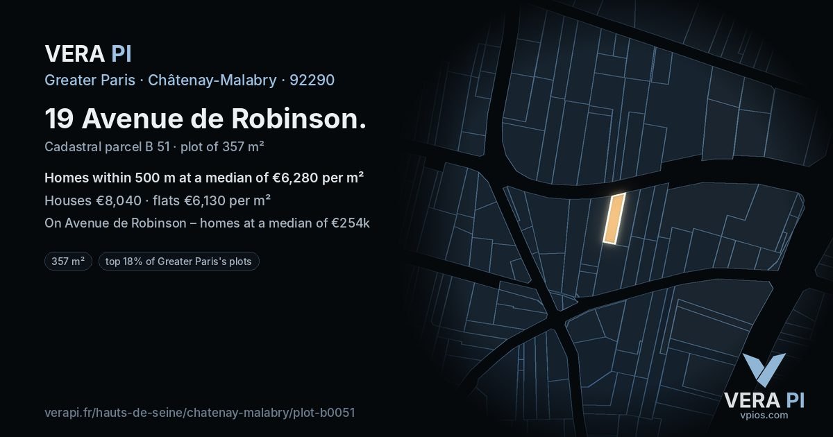 19 Avenue de Robinson, Châtenay-Malabry at night – the plot lit, the parcels around coloured by the prices near them