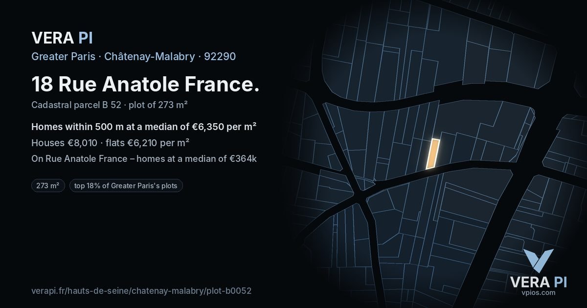 18 Rue Anatole France, Châtenay-Malabry at night – the plot lit, the parcels around coloured by the prices near them