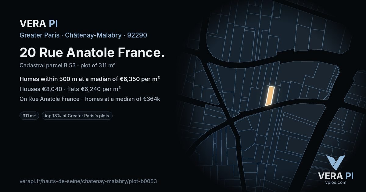20 Rue Anatole France, Châtenay-Malabry at night – the plot lit, the parcels around coloured by the prices near them