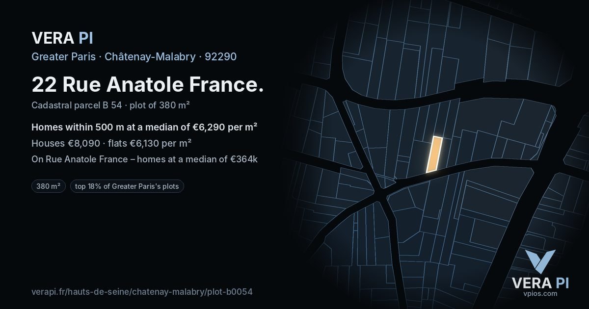 22 Rue Anatole France, Châtenay-Malabry at night – the plot lit, the parcels around coloured by the prices near them