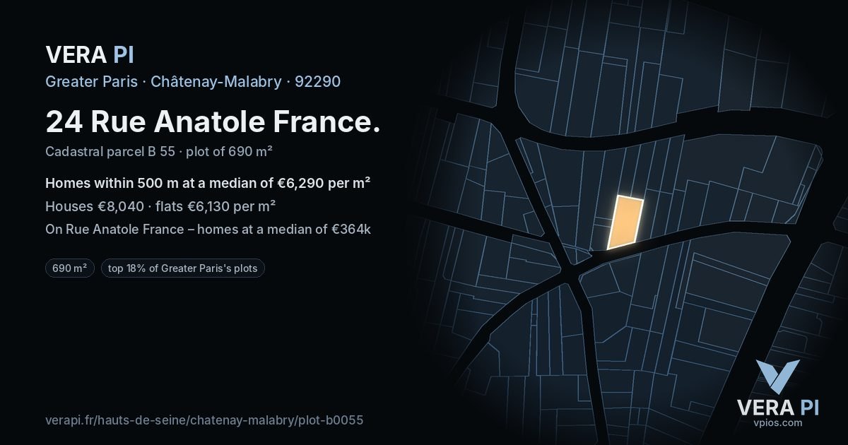 24 Rue Anatole France, Châtenay-Malabry at night – the plot lit, the parcels around coloured by the prices near them