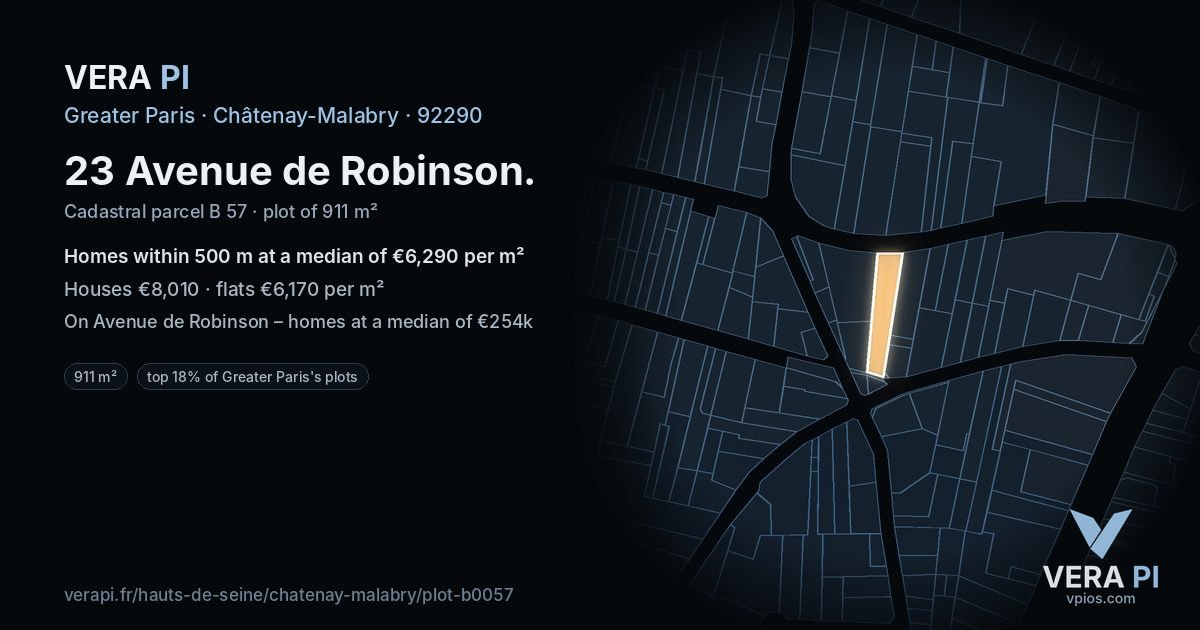 23 Avenue de Robinson, Châtenay-Malabry at night – the plot lit, the parcels around coloured by the prices near them