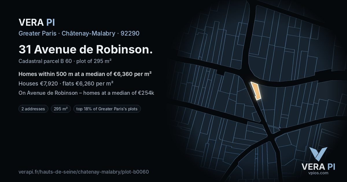 31 Avenue de Robinson, Châtenay-Malabry at night – the plot lit, the parcels around coloured by the prices near them