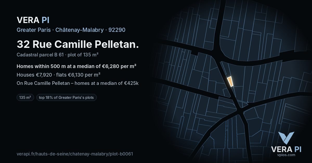 32 Rue Camille Pelletan, Châtenay-Malabry at night – the plot lit, the parcels around coloured by the prices near them