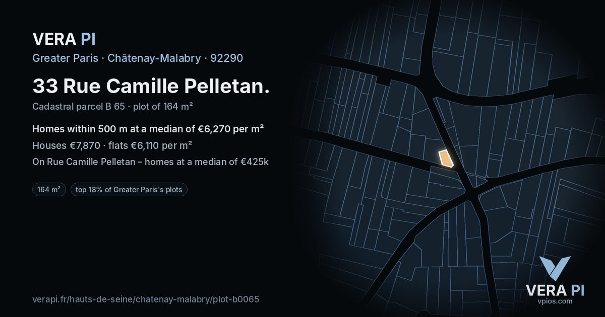 33 Rue Camille Pelletan, Châtenay-Malabry at night – the plot lit, the parcels around coloured by the prices near them