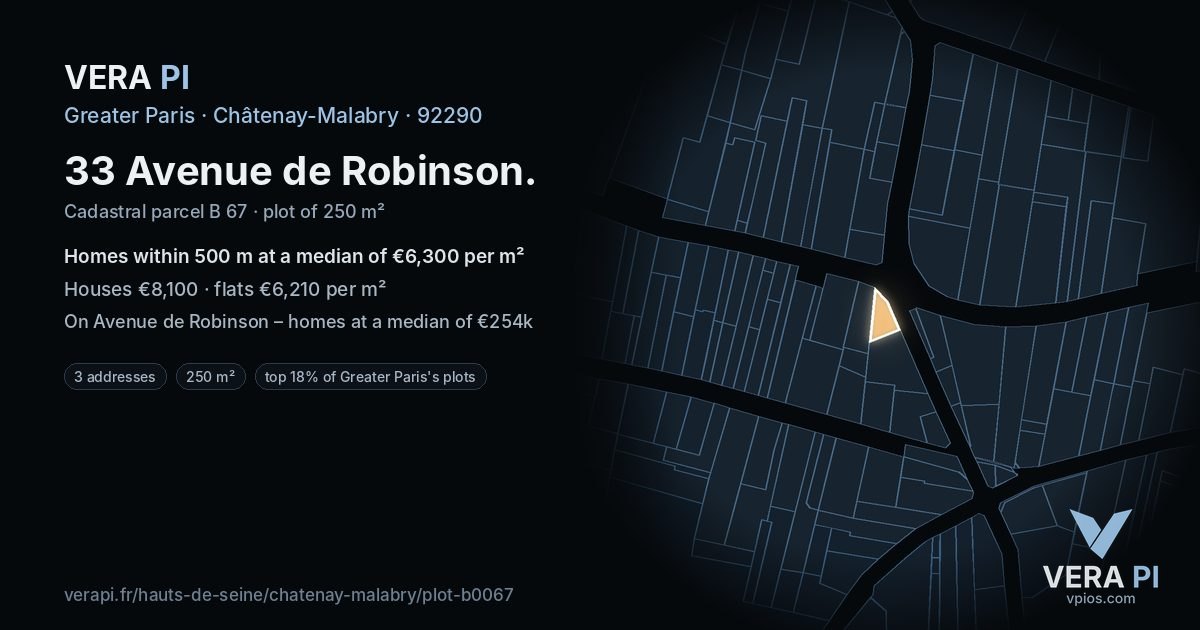 33 Avenue de Robinson, Châtenay-Malabry at night – the plot lit, the parcels around coloured by the prices near them