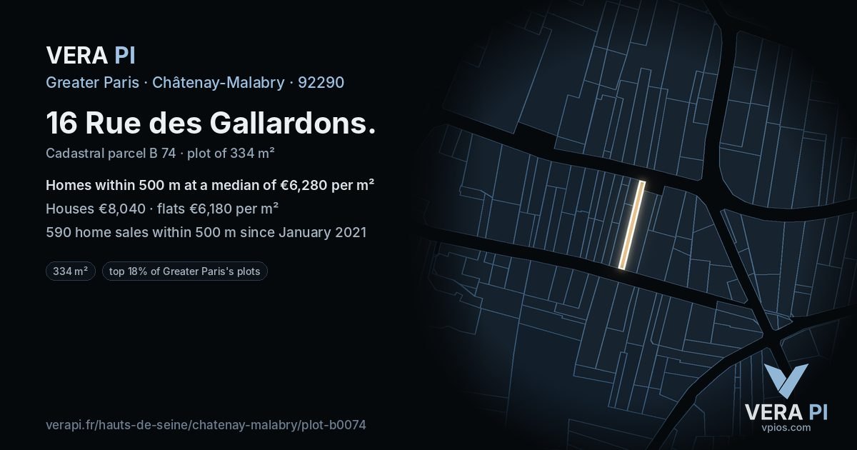 16 Rue des Gallardons, Châtenay-Malabry at night – the plot lit, the parcels around coloured by the prices near them