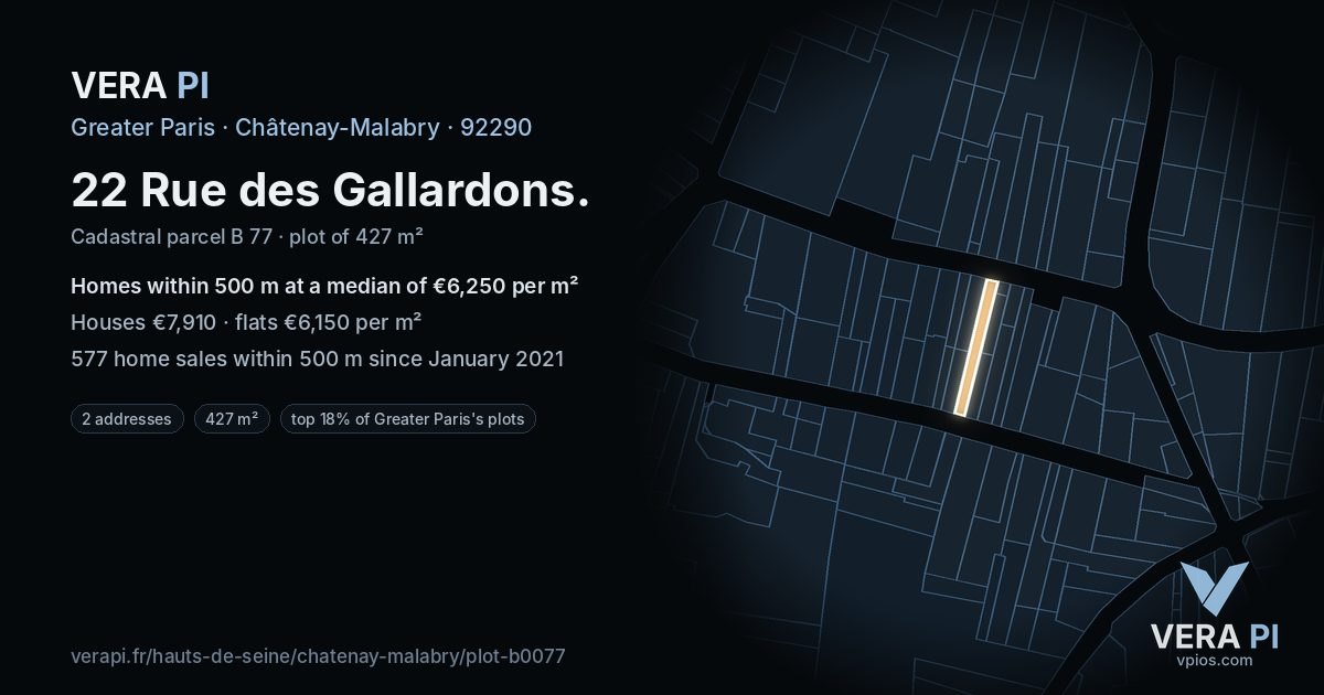 22 Rue des Gallardons, Châtenay-Malabry at night – the plot lit, the parcels around coloured by the prices near them