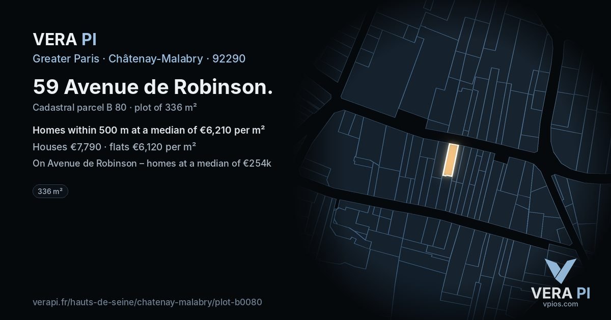 59 Avenue de Robinson, Châtenay-Malabry at night – the plot lit, the parcels around coloured by the prices near them