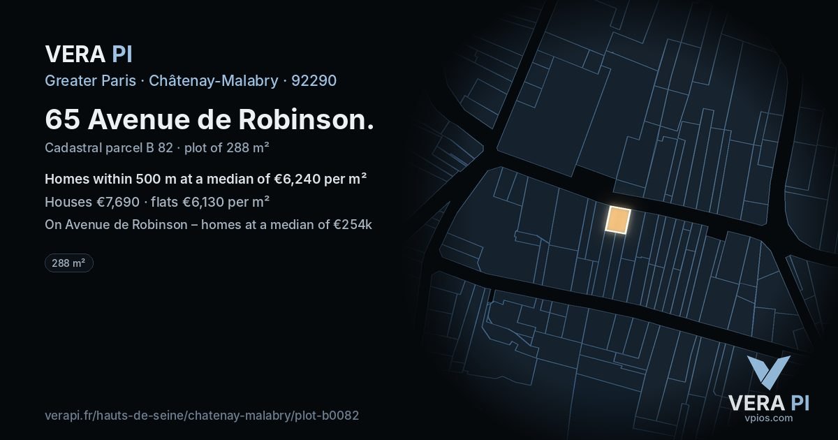 65 Avenue de Robinson, Châtenay-Malabry at night – the plot lit, the parcels around coloured by the prices near them