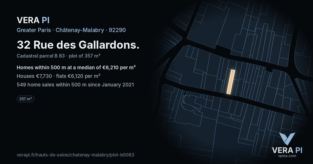 32 Rue des Gallardons, Châtenay-Malabry at night – the plot lit, the parcels around coloured by the prices near them