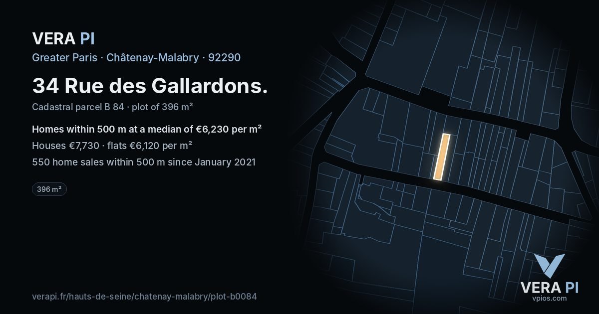 34 Rue des Gallardons, Châtenay-Malabry at night – the plot lit, the parcels around coloured by the prices near them