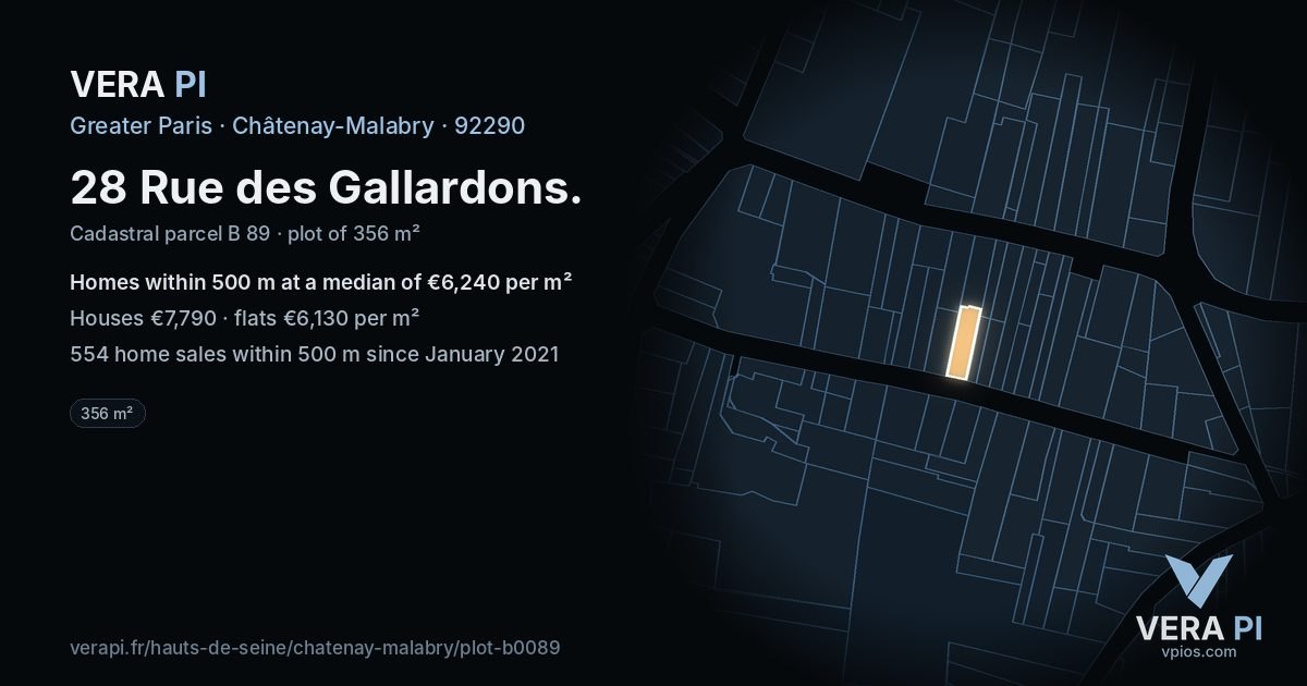 28 Rue des Gallardons, Châtenay-Malabry at night – the plot lit, the parcels around coloured by the prices near them