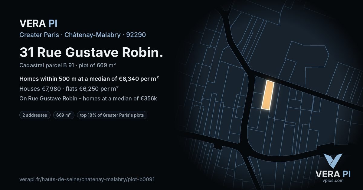 31 Rue Gustave Robin, Châtenay-Malabry at night – the plot lit, the parcels around coloured by the prices near them