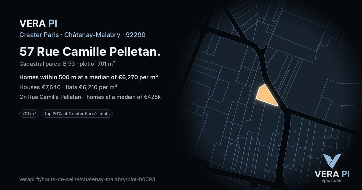 57 Rue Camille Pelletan, Châtenay-Malabry at night – the plot lit, the parcels around coloured by the prices near them