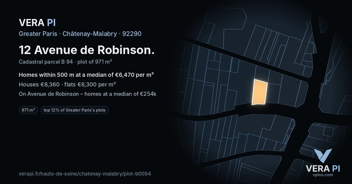 12 Avenue de Robinson, Châtenay-Malabry at night – the plot lit, the parcels around coloured by the prices near them