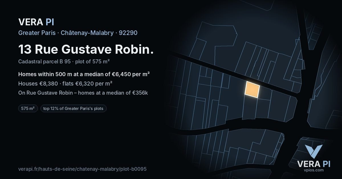 13 Rue Gustave Robin, Châtenay-Malabry at night – the plot lit, the parcels around coloured by the prices near them