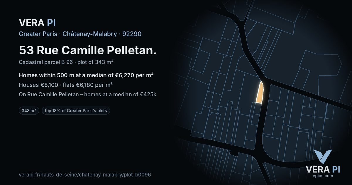 53 Rue Camille Pelletan, Châtenay-Malabry at night – the plot lit, the parcels around coloured by the prices near them