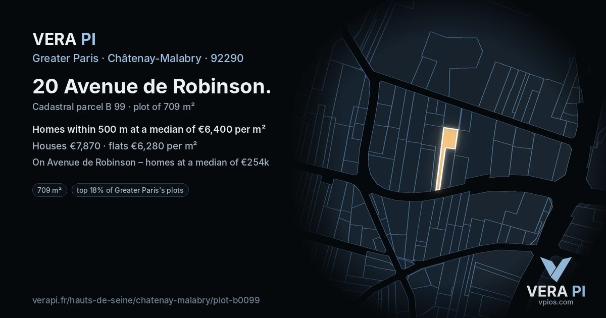 20 Avenue de Robinson, Châtenay-Malabry at night – the plot lit, the parcels around coloured by the prices near them