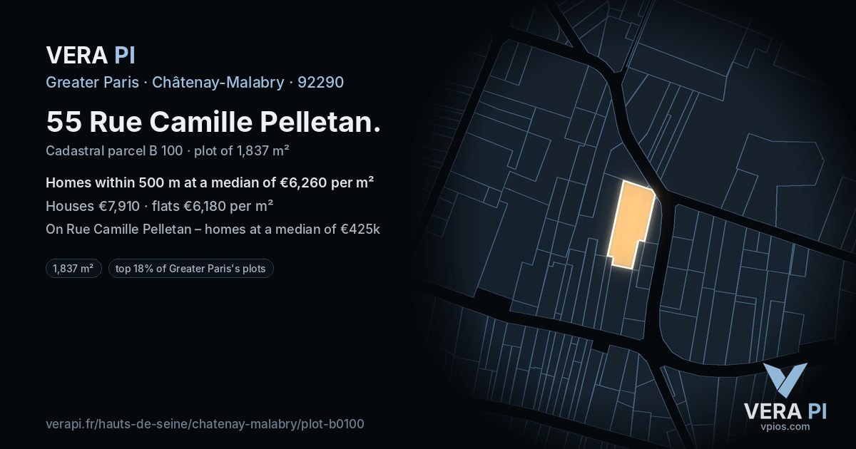 55 Rue Camille Pelletan, Châtenay-Malabry at night – the plot lit, the parcels around coloured by the prices near them