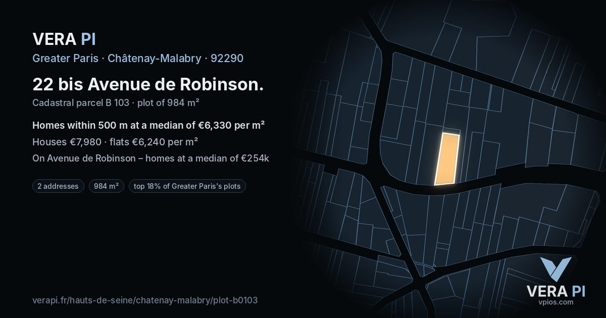 22 bis Avenue de Robinson, Châtenay-Malabry at night – the plot lit, the parcels around coloured by the prices near them