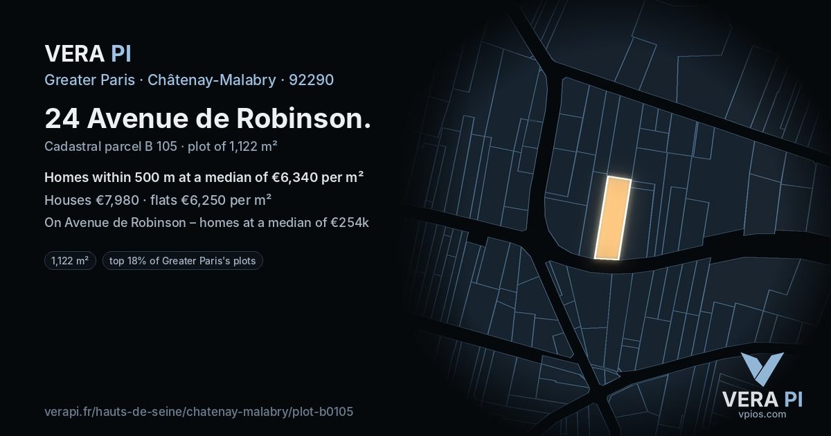 24 Avenue de Robinson, Châtenay-Malabry at night – the plot lit, the parcels around coloured by the prices near them