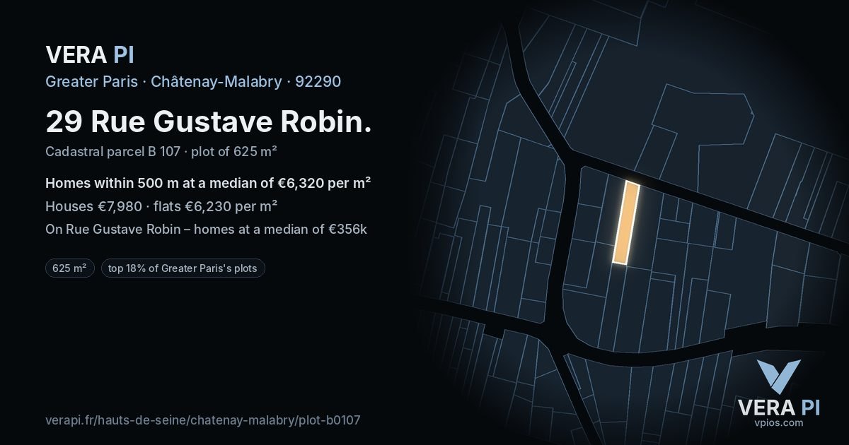 29 Rue Gustave Robin, Châtenay-Malabry at night – the plot lit, the parcels around coloured by the prices near them