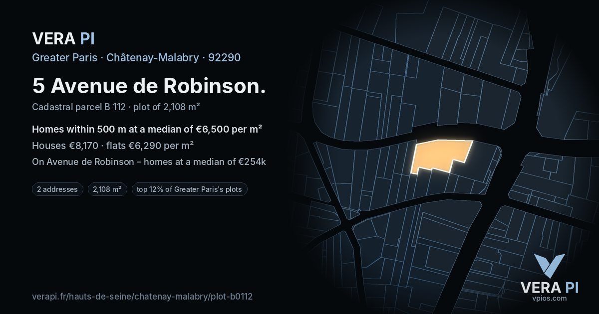 5 Avenue de Robinson, Châtenay-Malabry at night – the plot lit, the parcels around coloured by the prices near them