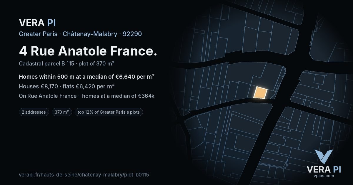 4 Rue Anatole France, Châtenay-Malabry at night – the plot lit, the parcels around coloured by the prices near them