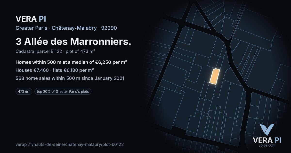 3 Allée des Marronniers, Châtenay-Malabry at night – the plot lit, the parcels around coloured by the prices near them
