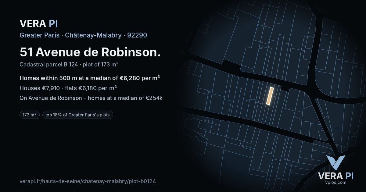 51 Avenue de Robinson, Châtenay-Malabry at night – the plot lit, the parcels around coloured by the prices near them