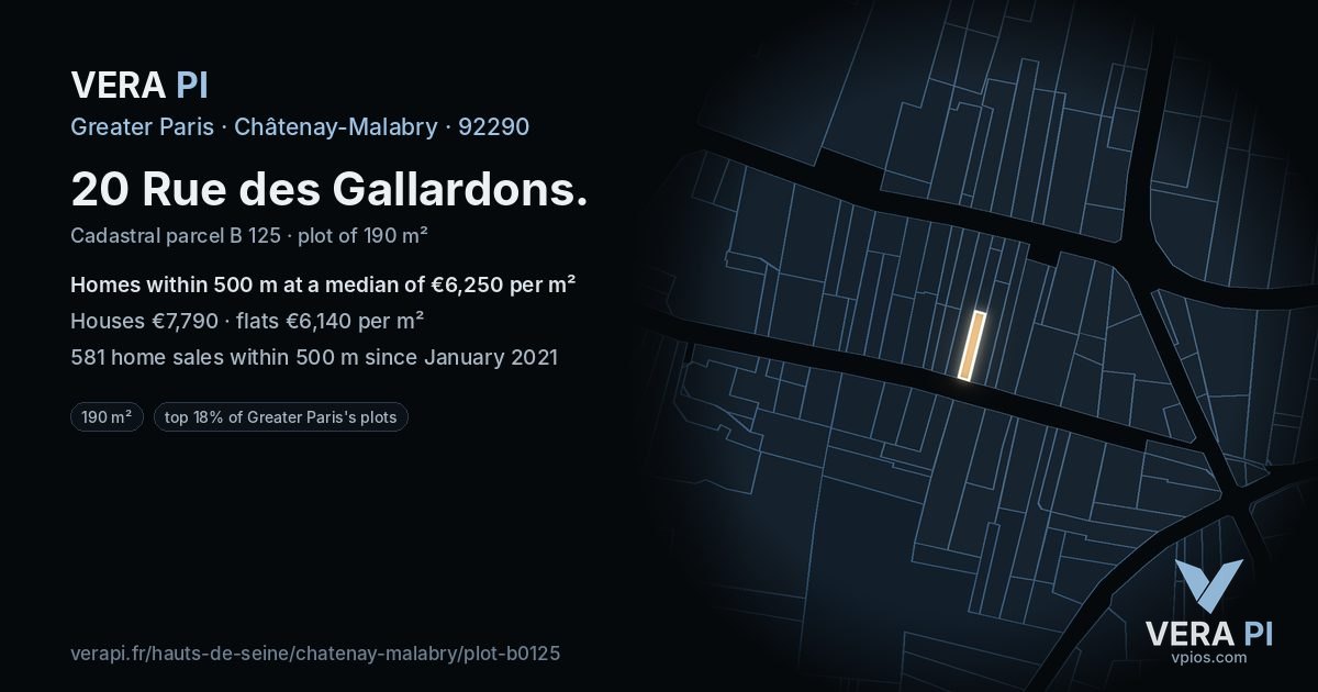 20 Rue des Gallardons, Châtenay-Malabry at night – the plot lit, the parcels around coloured by the prices near them